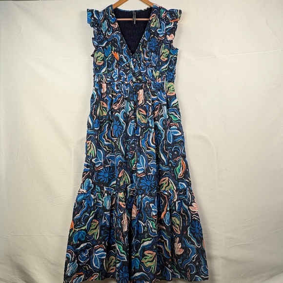 NWOT Anthropologie Peregrine Smocked Flutter Sleeve Midi Dress Sz L Blue Boho - Picture 1 of 12